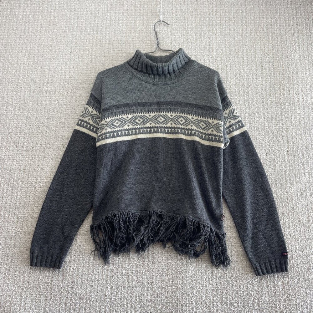 Y2K TXT Mock Neck Fair Isle Nordic Sweater Fringe Hem Boho cottagecore Sz L